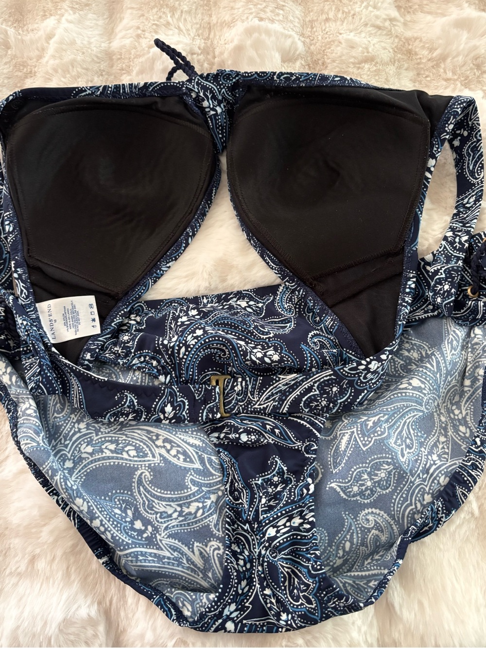 Lands' End Navy, Light Blue and White Paisley Swim Top with Lace Trim - Picture 4 of 6